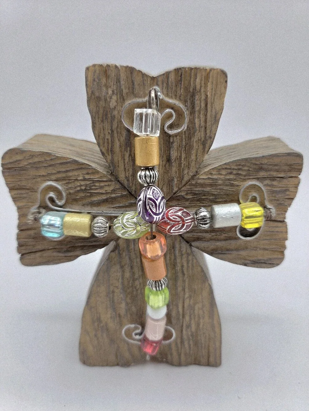 Beaded Cross Wood Table Decor - Multicolor Beads